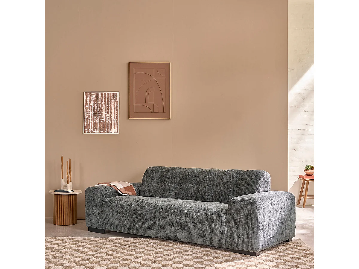 Sofá recto de 3 plazas en terciopelo trenzado verde grisáceo