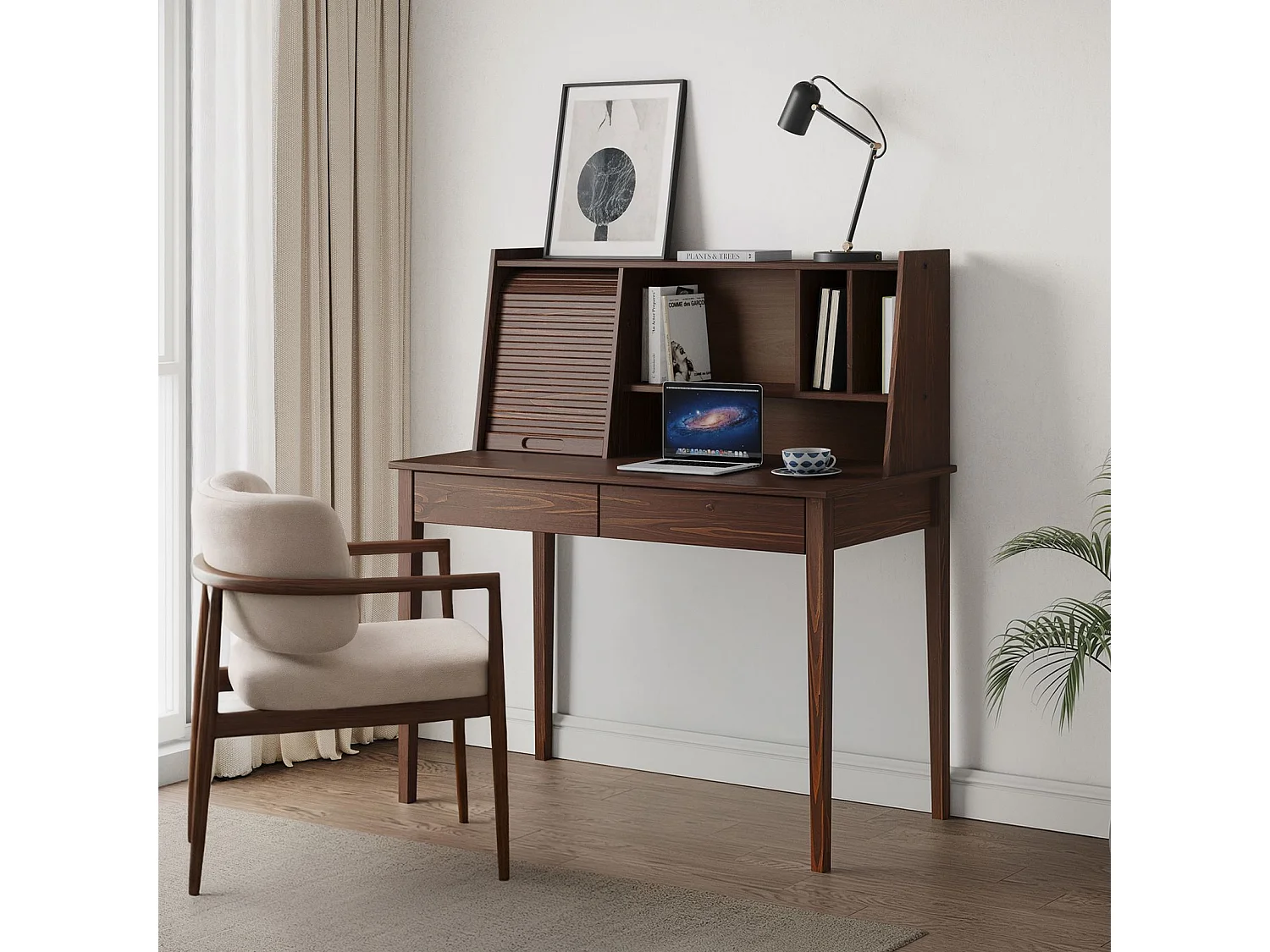 Bureau Secrétaire ALISA en Bois Massif avec 2 Tiroirs, 1 Volet, 4 Niches, 114 x 122 x 54 cm, Couleur Noyer