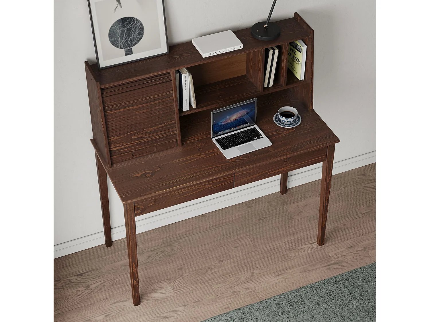Bureau Secrétaire ALISA en Bois Massif avec 2 Tiroirs, 1 Volet, 4 Niches, 114 x 122 x 54 cm, Couleur Noyer