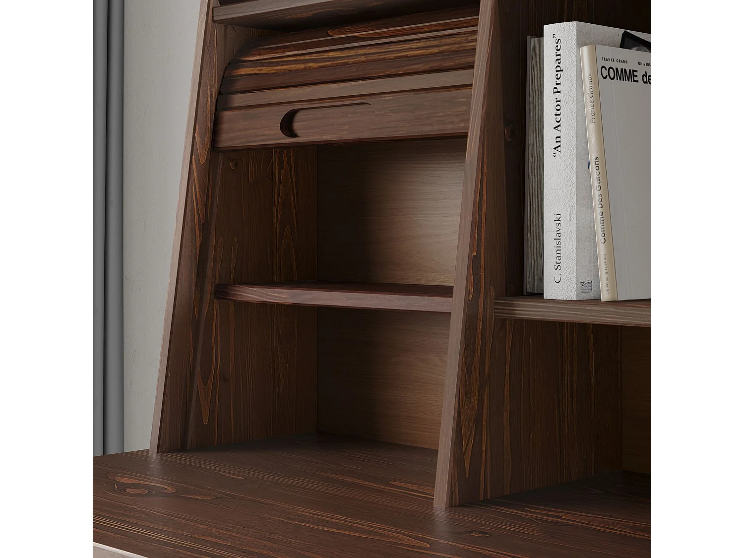 Bureau Secrétaire ALISA en Bois Massif avec 2 Tiroirs, 1 Volet, 4 Niches, 114 x 122 x 54 cm, Couleur Noyer