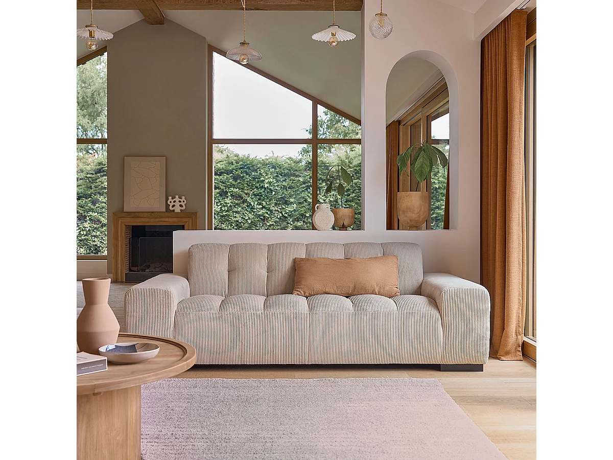 Canapé droit 3 places en velours côtelé écru