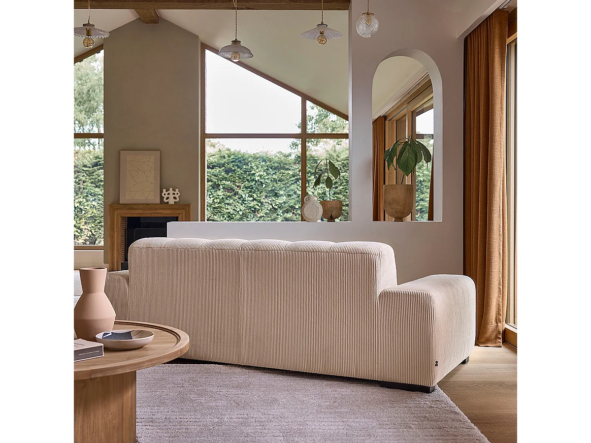 Canapé droit 3 places en velours côtelé écru