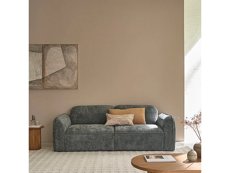 Sofá recto de 3 plazas en terciopelo texturizado verde grisáceo