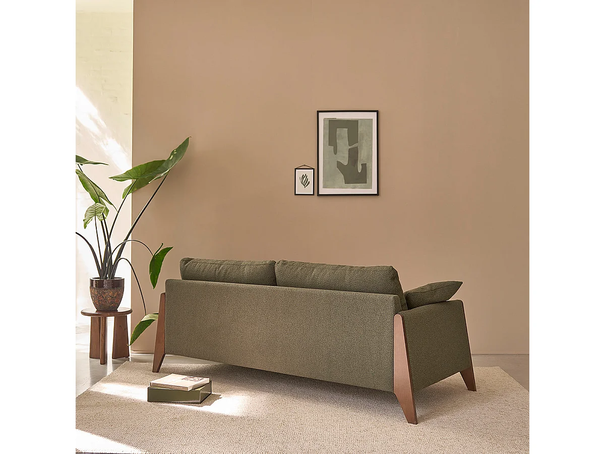 Canapé droit 3 places en bois massif et tissu bouclette