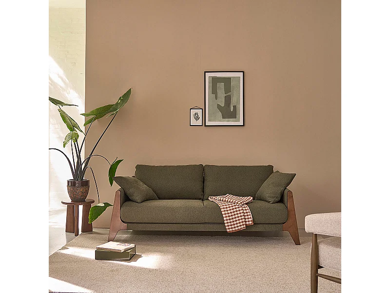 Canapé droit 3 places en bois massif et tissu bouclette