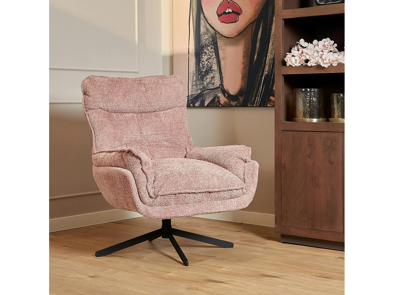 Fauteuil pivotant rose en tissu bouclette BELORA