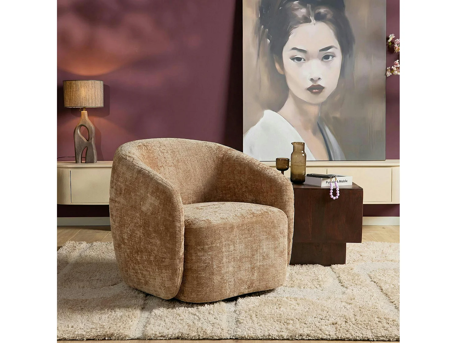Fauteuil salon pivotant cannelle tissu chenille BELORA