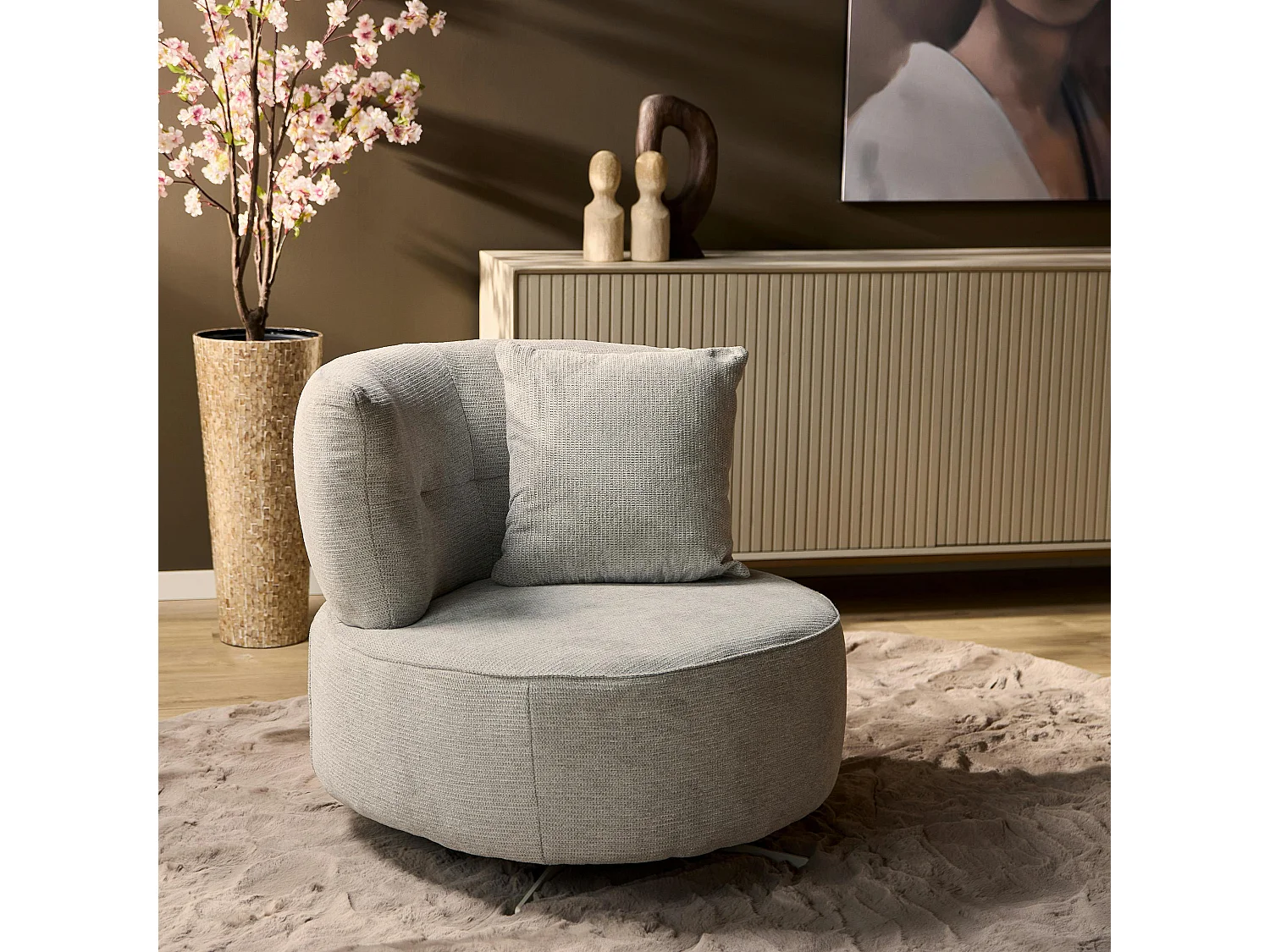 Fauteuil pivotant rond gris clair avec coussin assorti BELORA