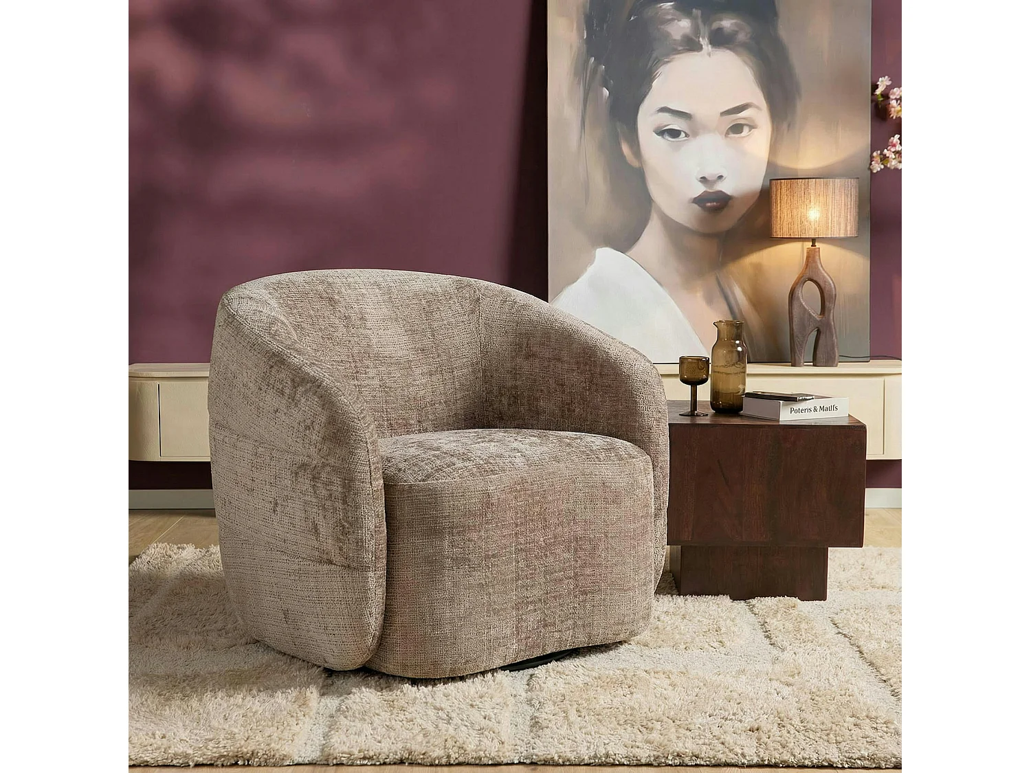 Fauteuil salon pivotant marron tissu chenille BELORA
