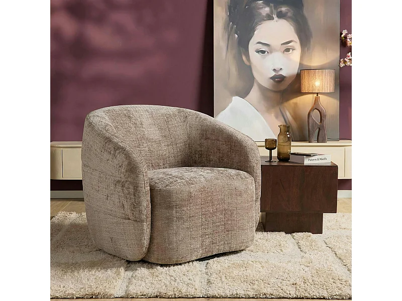 Fauteuil salon pivotant marron tissu chenille BELORA
