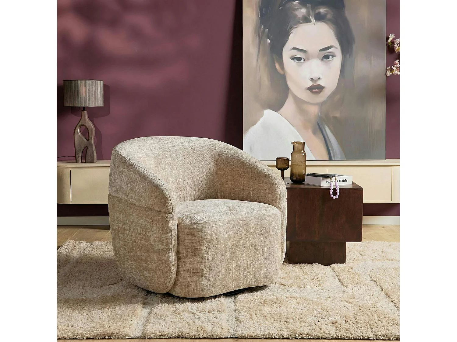 Fauteuil salon pivotant beige tissu chenille BELORA