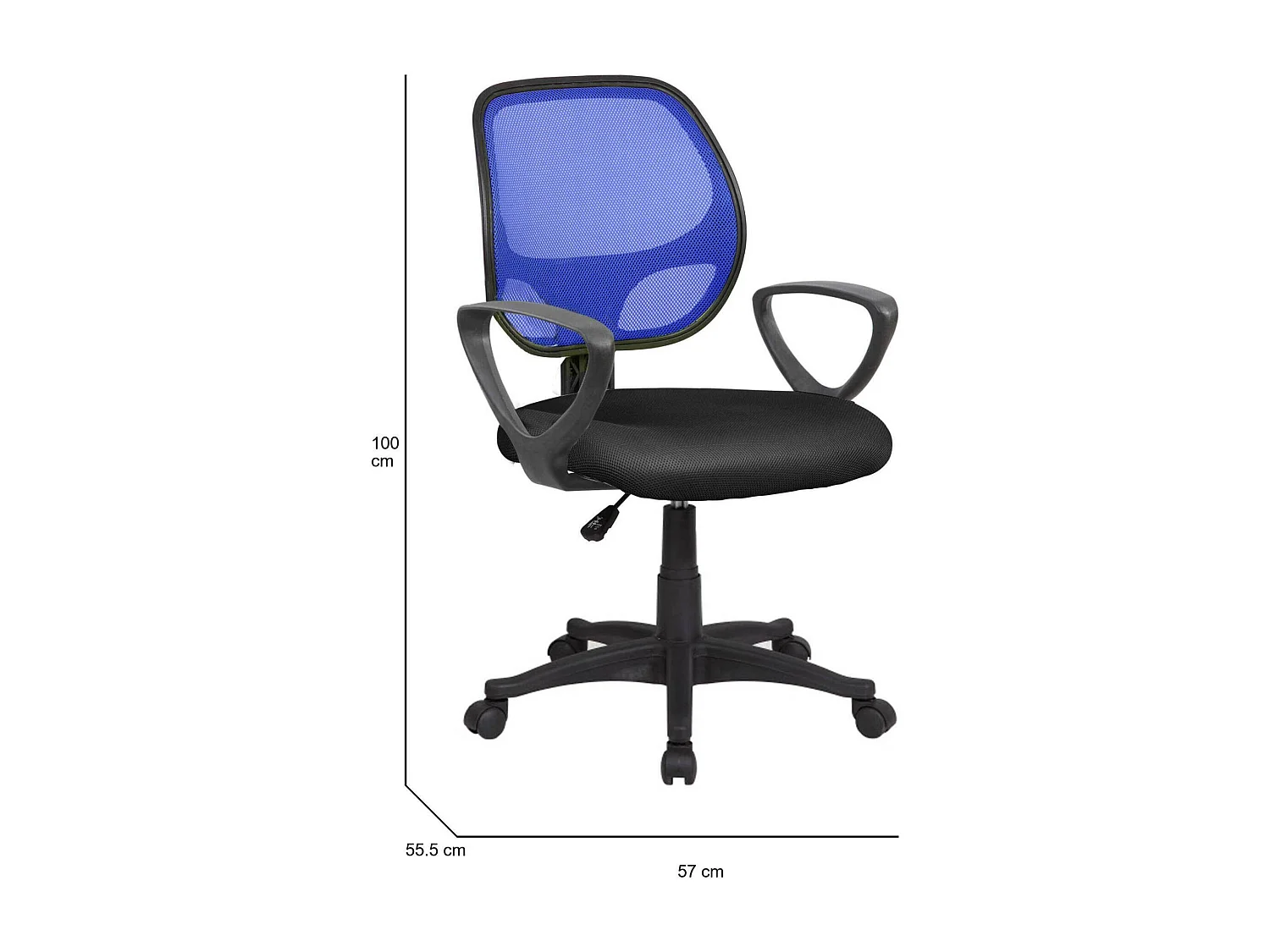 Bürostuhl Geraldton, Mesh-Arbeitsstuhl mit Armlehnen, Ergonomischer Bürositz, 56x57h88/100 cm, Schwarz und Blau