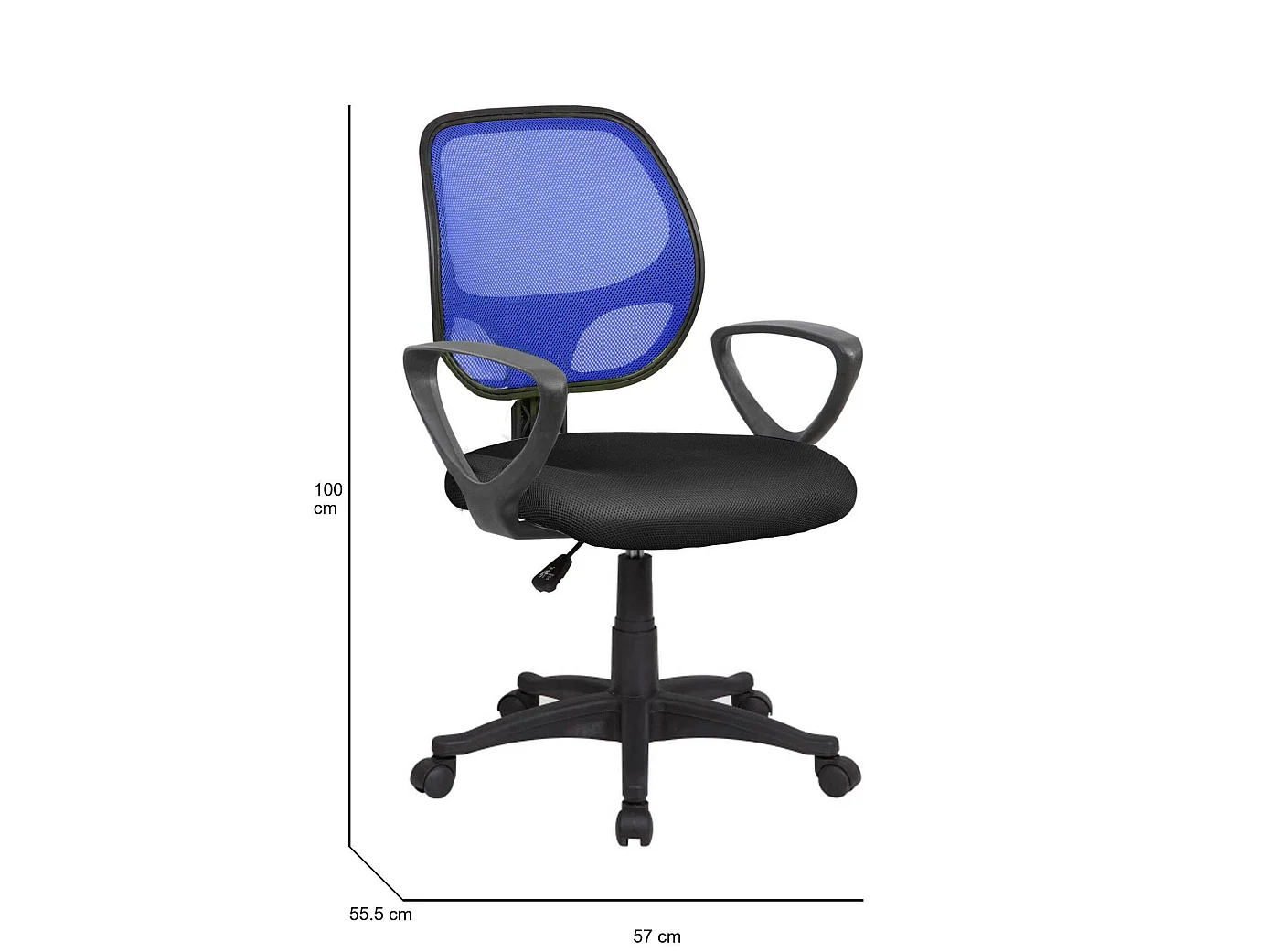 Chaise de bureau Geraldton, Chaise de travail en maille avec accoudoirs, Siège de bureau ergonomique, 56x57h88/100 cm, Noir et Bleu