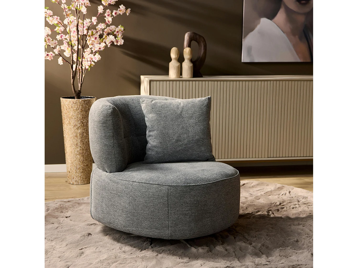 Fauteuil pivotant rond gris avec coussin assorti BELORA