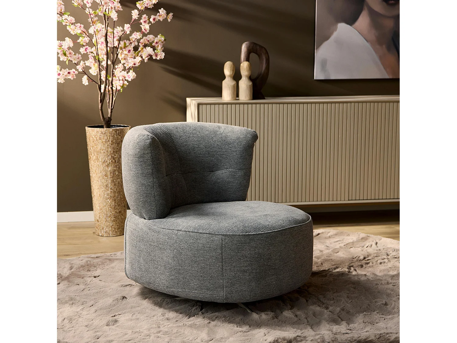 Fauteuil pivotant rond gris avec coussin assorti BELORA