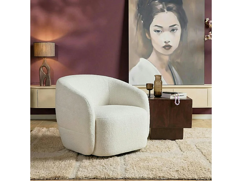 Fauteuil salon pivotant blanc crème tissu chenille BELORA