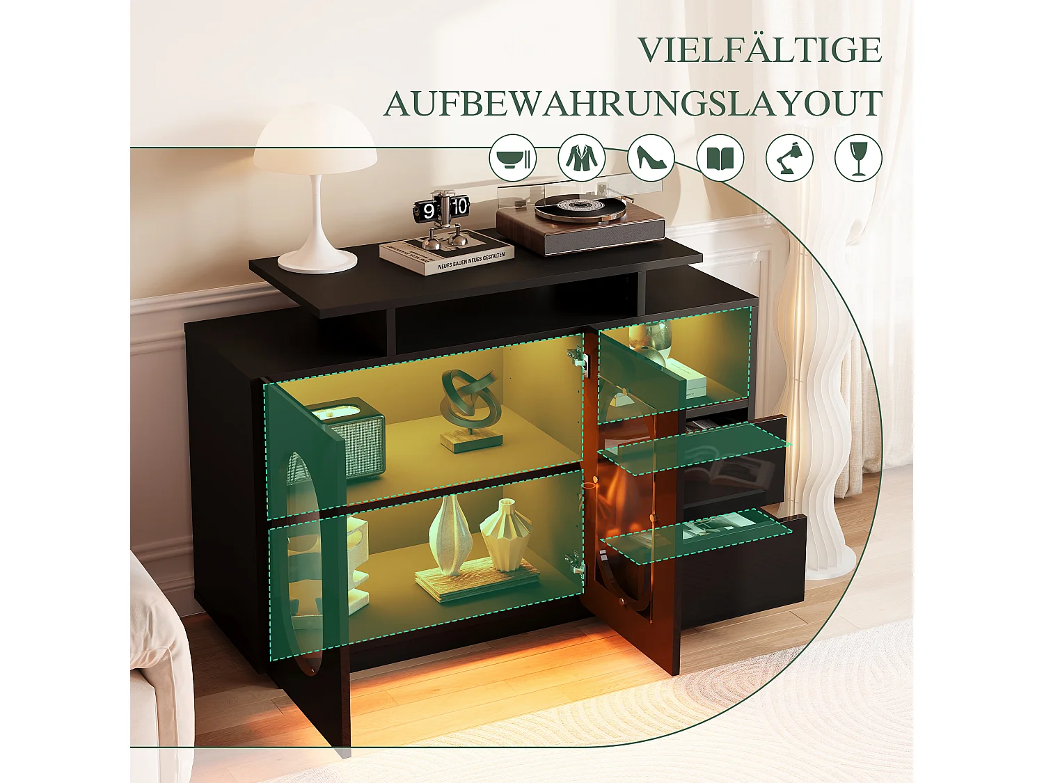 Dressoir, geïntegreerde ledverlichting, ovale glazen deuren, bewerkt hout, zwart (120x40x80cm)