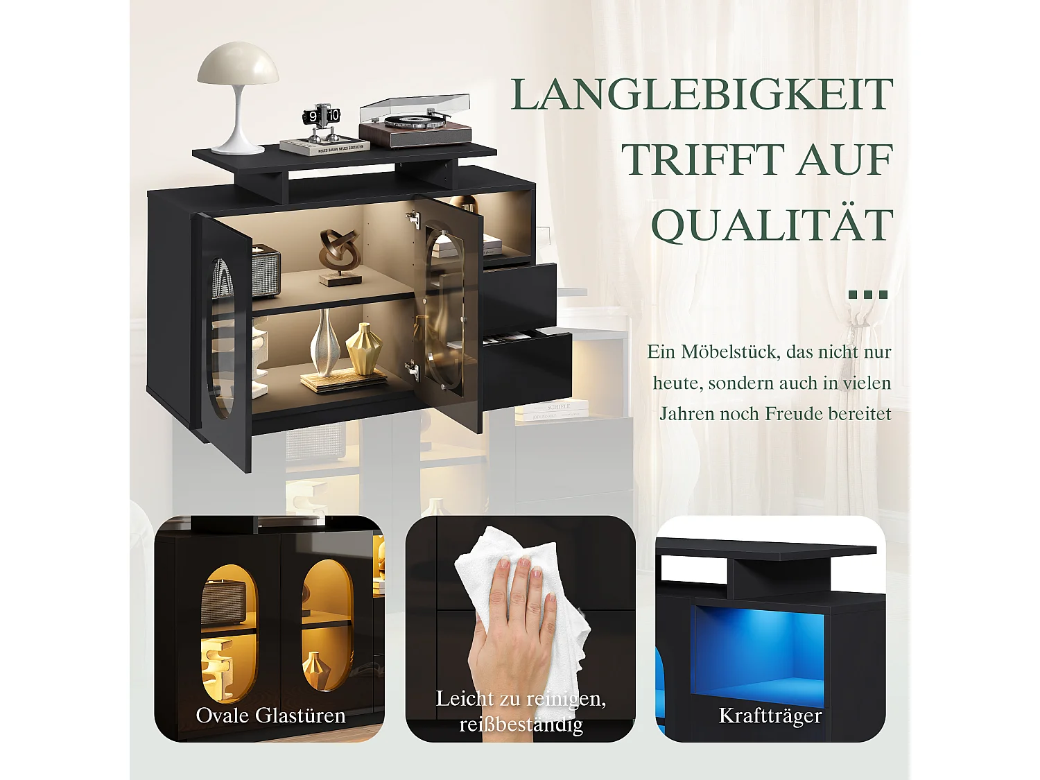 Dressoir, geïntegreerde ledverlichting, ovale glazen deuren, bewerkt hout, zwart (120x40x80cm)