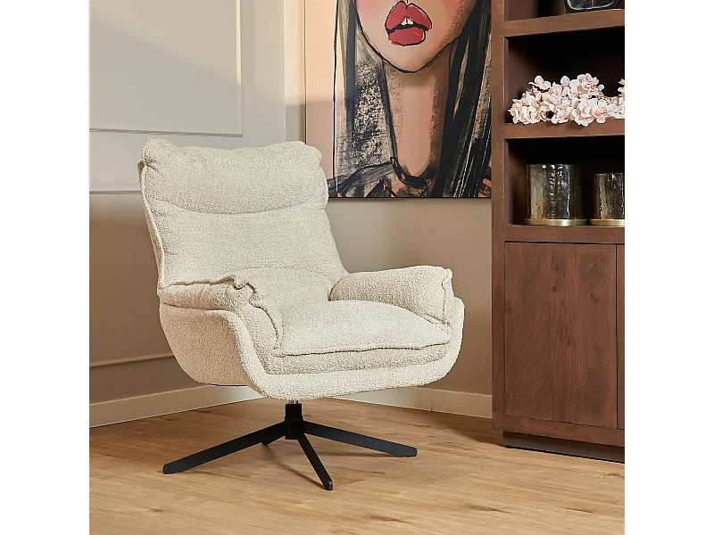 Fauteuil pivotant blanc crème en tissu bouclette BELORA