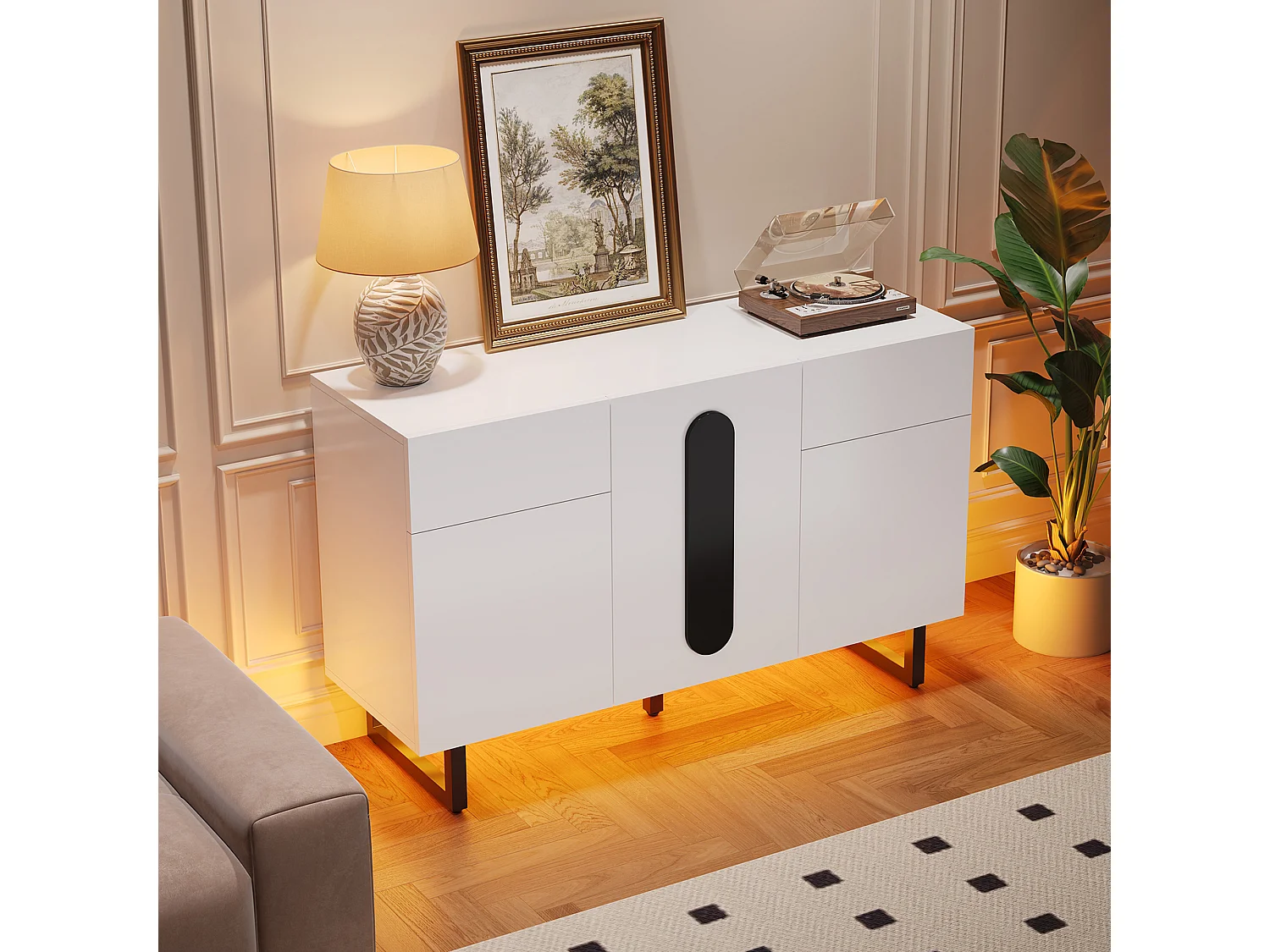 Dressoir met lades en deuren, bewerkt hout, wit (120x40,5x75cm)