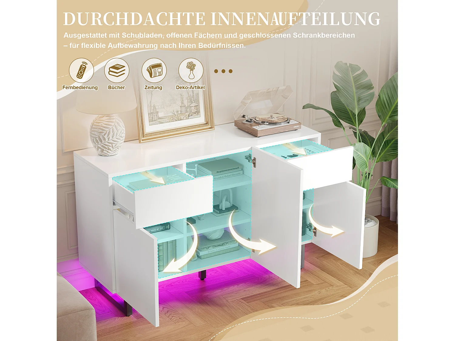 Dressoir met lades en deuren, bewerkt hout, wit (120x40,5x75cm)