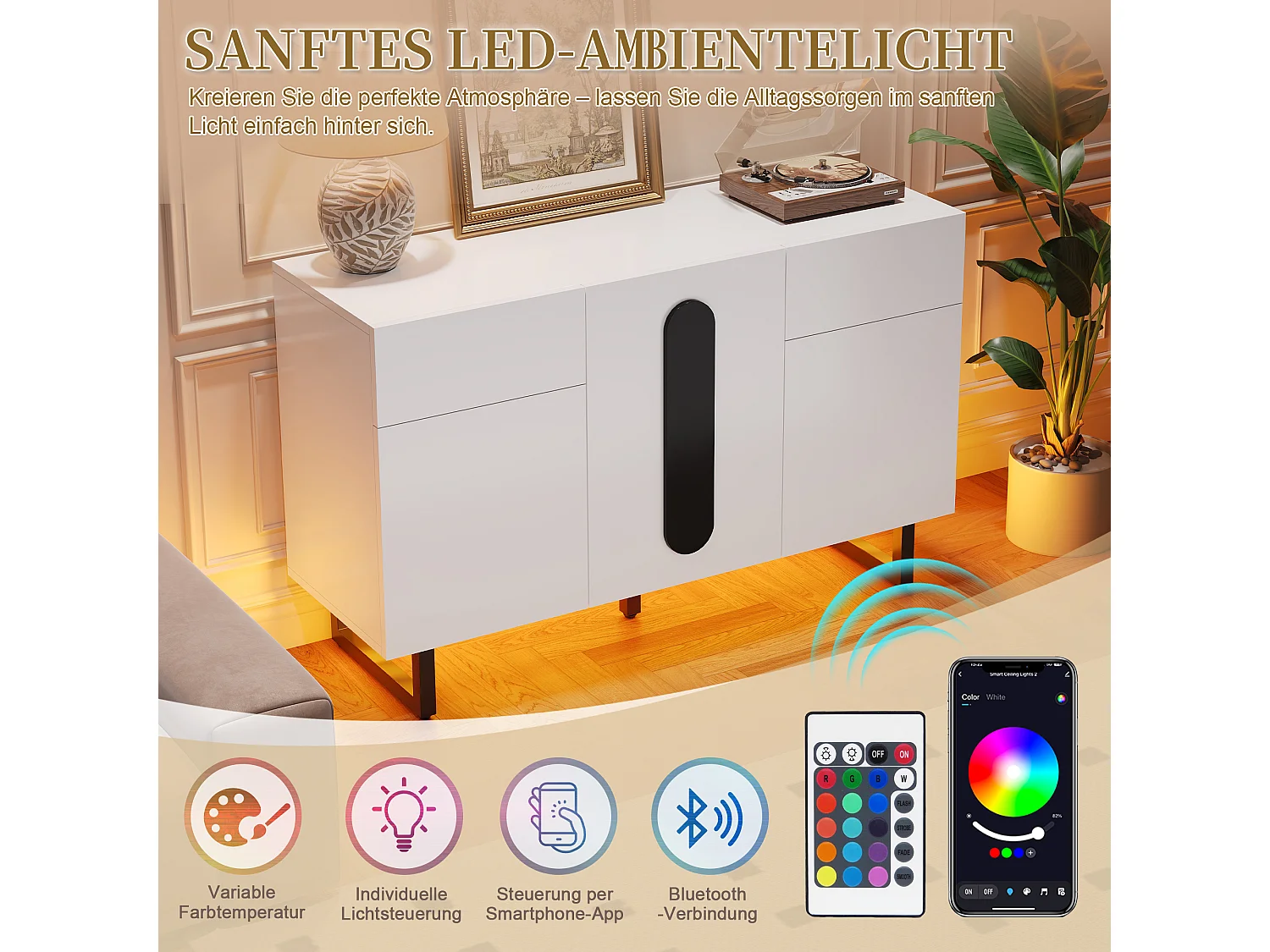 Dressoir met lades en deuren, bewerkt hout, wit (120x40,5x75cm)