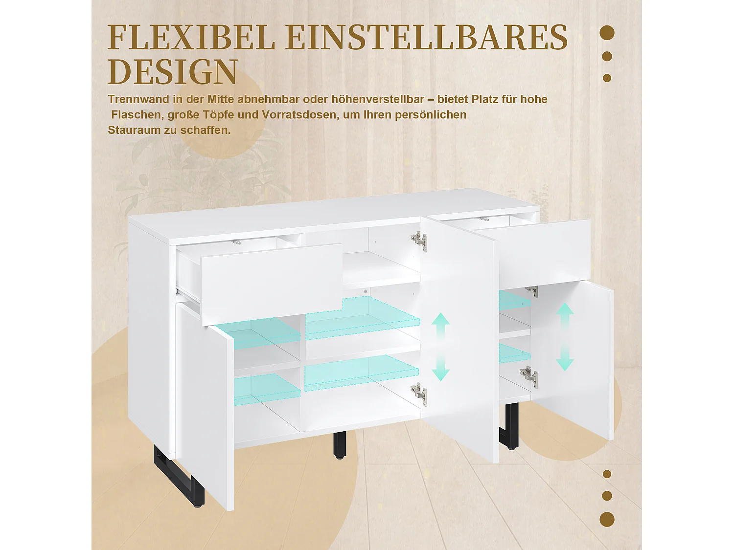 Dressoir met lades en deuren, bewerkt hout, wit (120x40,5x75cm)