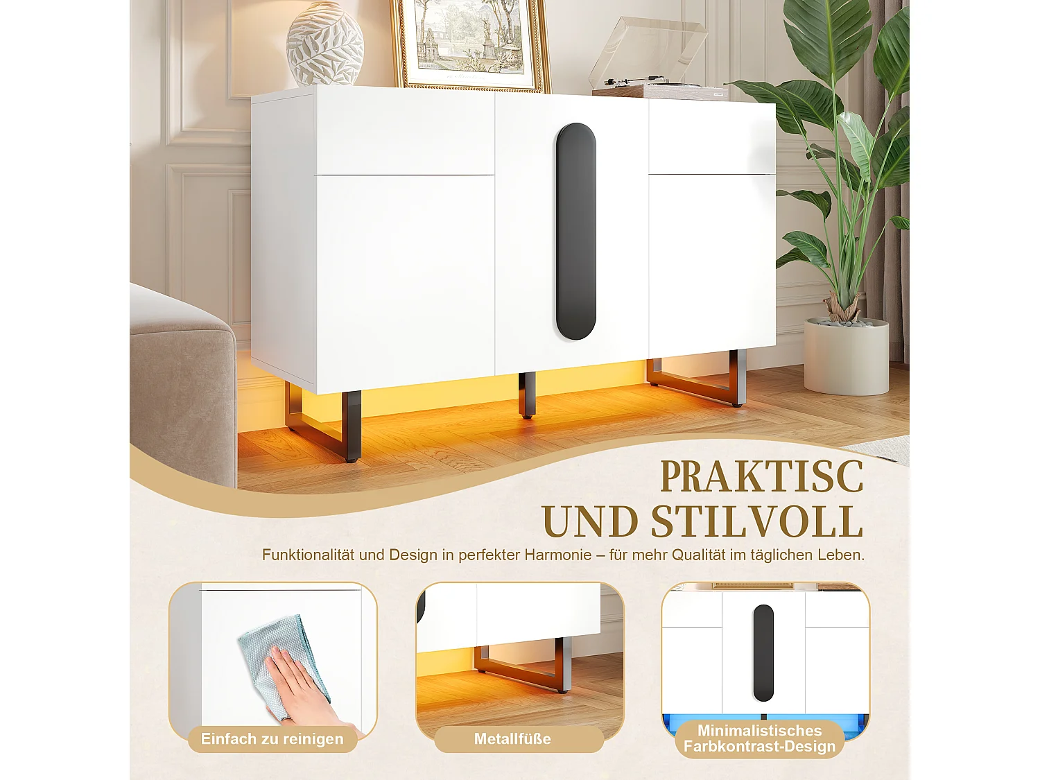 Dressoir met lades en deuren, bewerkt hout, wit (120x40,5x75cm)