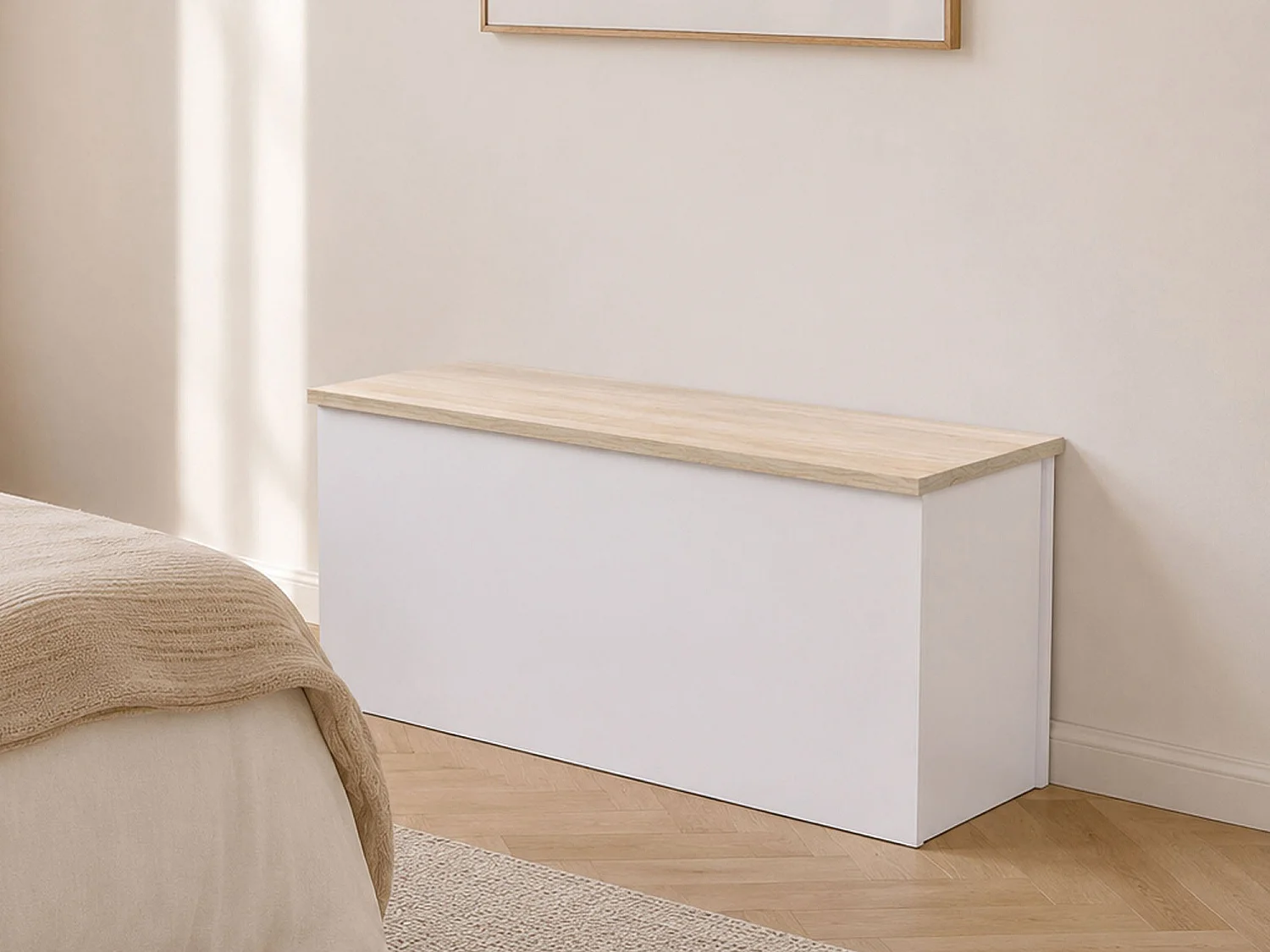 Malle Miltonia, Grande boîte de rangement polyvalente, Coffre moderne, 100% Made in Italy, 90x45h45 cm, Blanc et Chêne