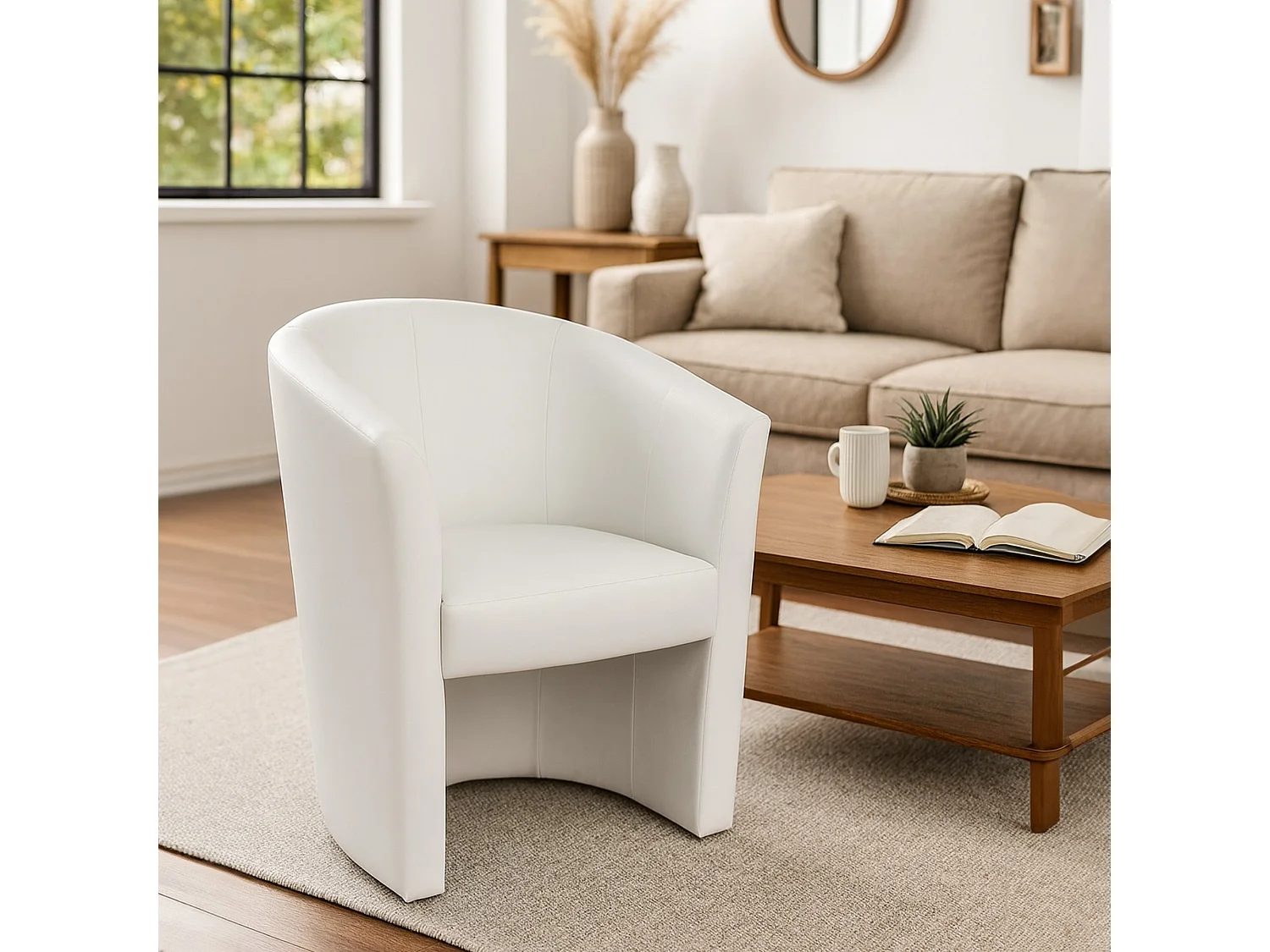 Fauteuil Dpanett, Fauteuil de salon, Siège rembourré, Chaise avec accoudoirs en éco-cuir, 64x63h76 cm, Blanc