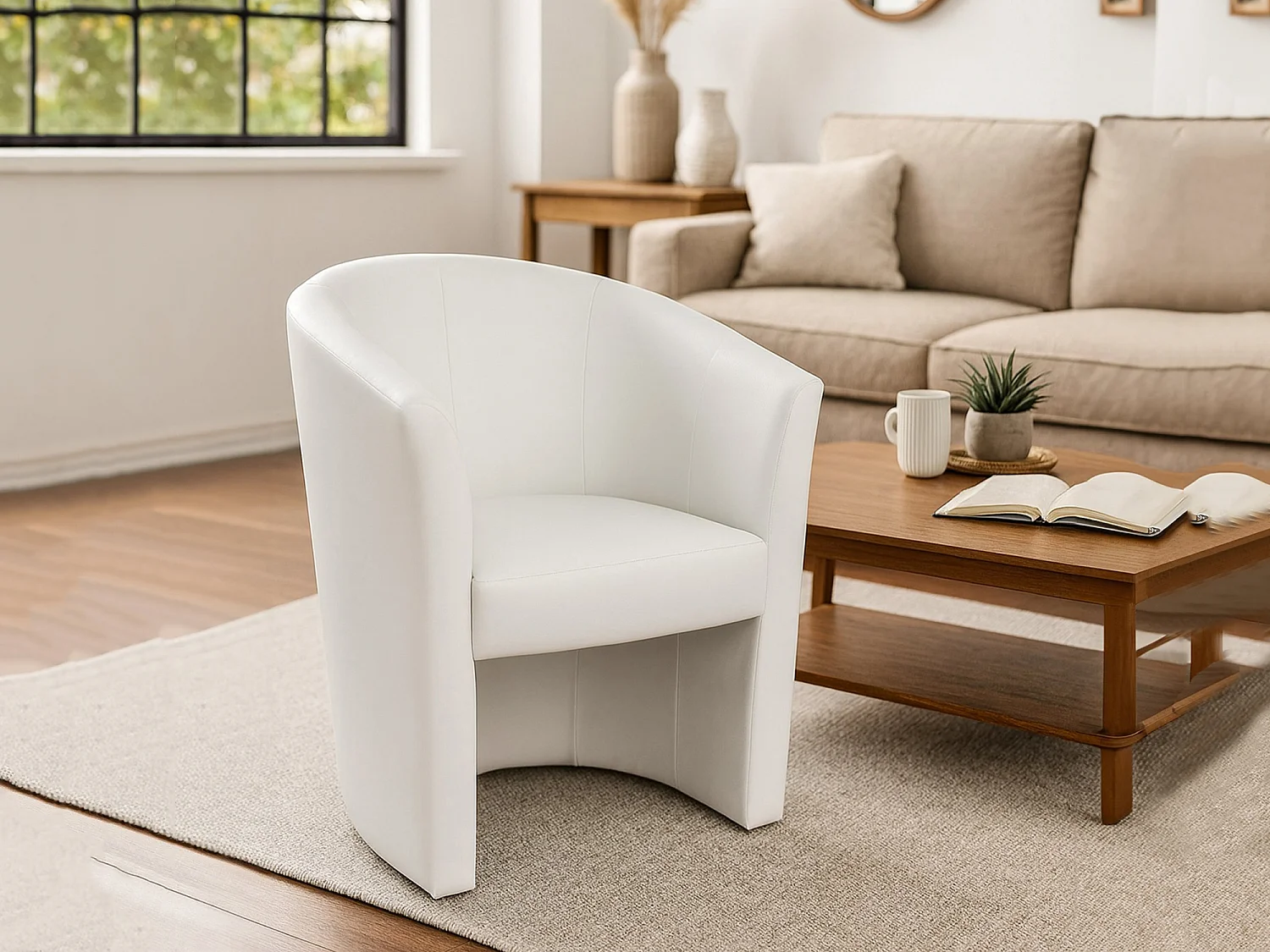 Fauteuil Dpanett, Fauteuil de salon, Siège rembourré, Chaise avec accoudoirs en éco-cuir, 64x63h76 cm, Blanc