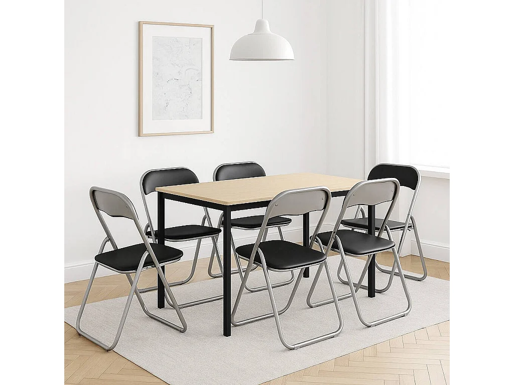 Juego de 6 sillas plegables Marbella, Sillón que ahorra espacio, Silla para invitados, Asiento para reuniones en símil piel, 43x47h80 cm, Negro