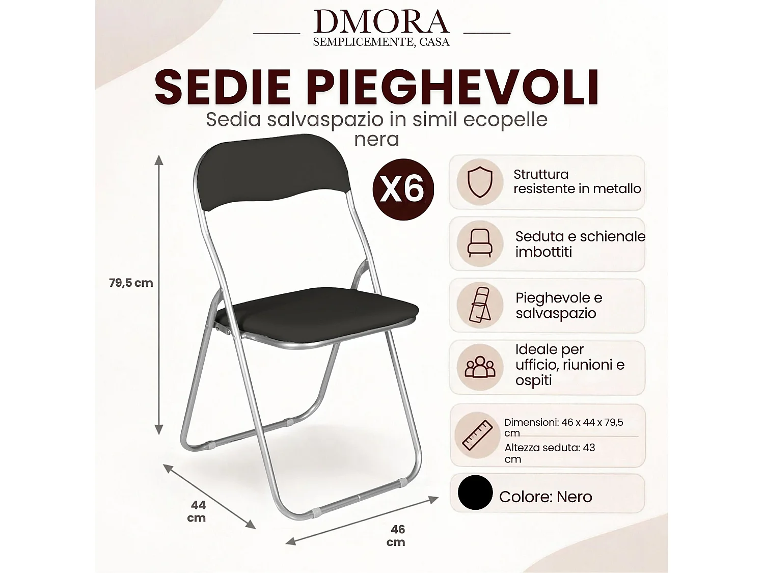 Lot de 6 chaises pliantes Marbella, Fauteuil gain de place, Chaise invité, Siège de réunion en simili cuir, 43x47h80 cm, Noir