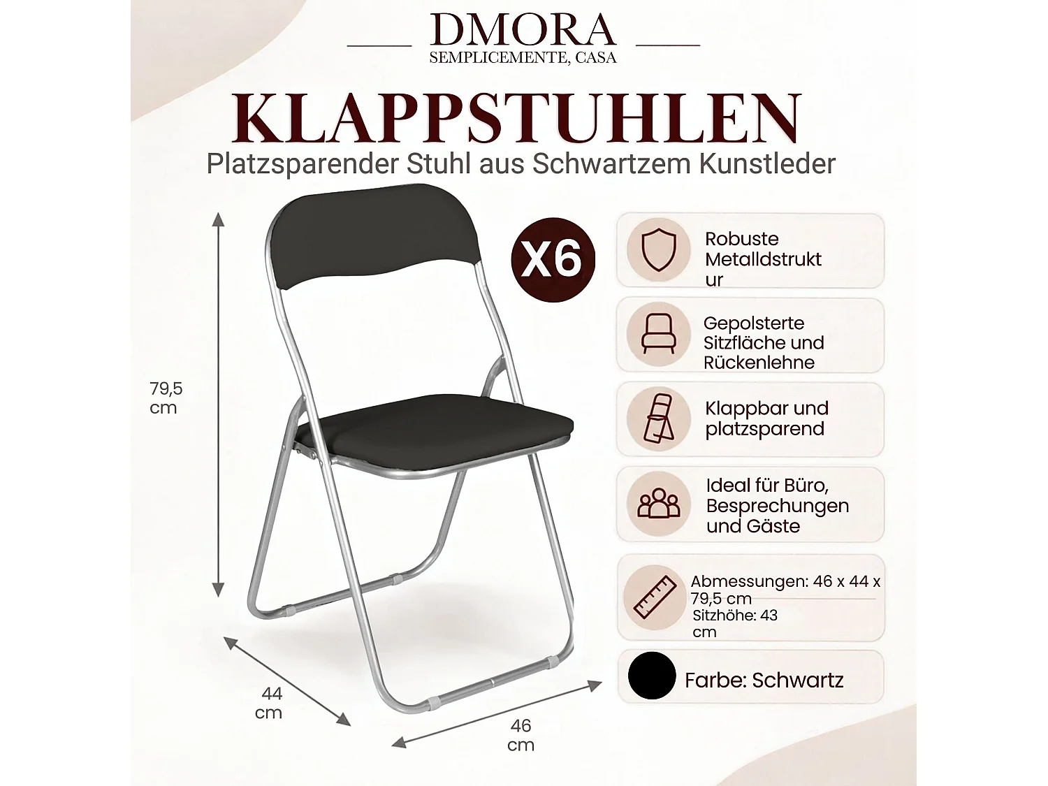 Lot de 6 chaises pliantes Marbella, Fauteuil gain de place, Chaise invité, Siège de réunion en simili cuir, 43x47h80 cm, Noir