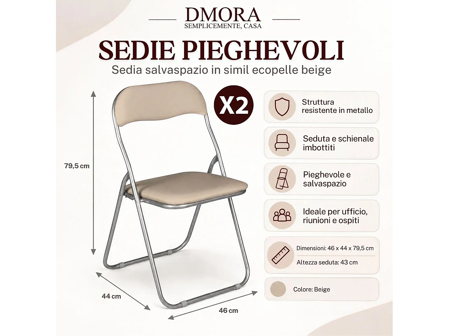 Lot de 2 chaises pliantes Marbella, Fauteuil gain de place, Chaise invité, Siège de réunion en simili cuir, 43x47h80 cm, Beige