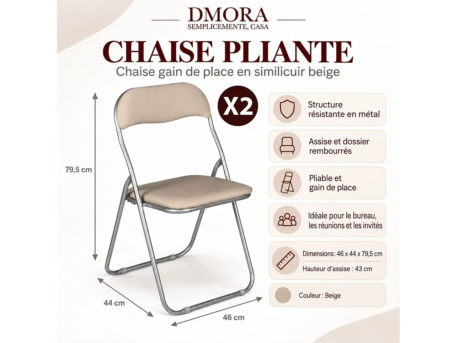 Lot de 2 chaises pliantes Marbella, Fauteuil gain de place, Chaise invité, Siège de réunion en simili cuir, 43x47h80 cm, Beige