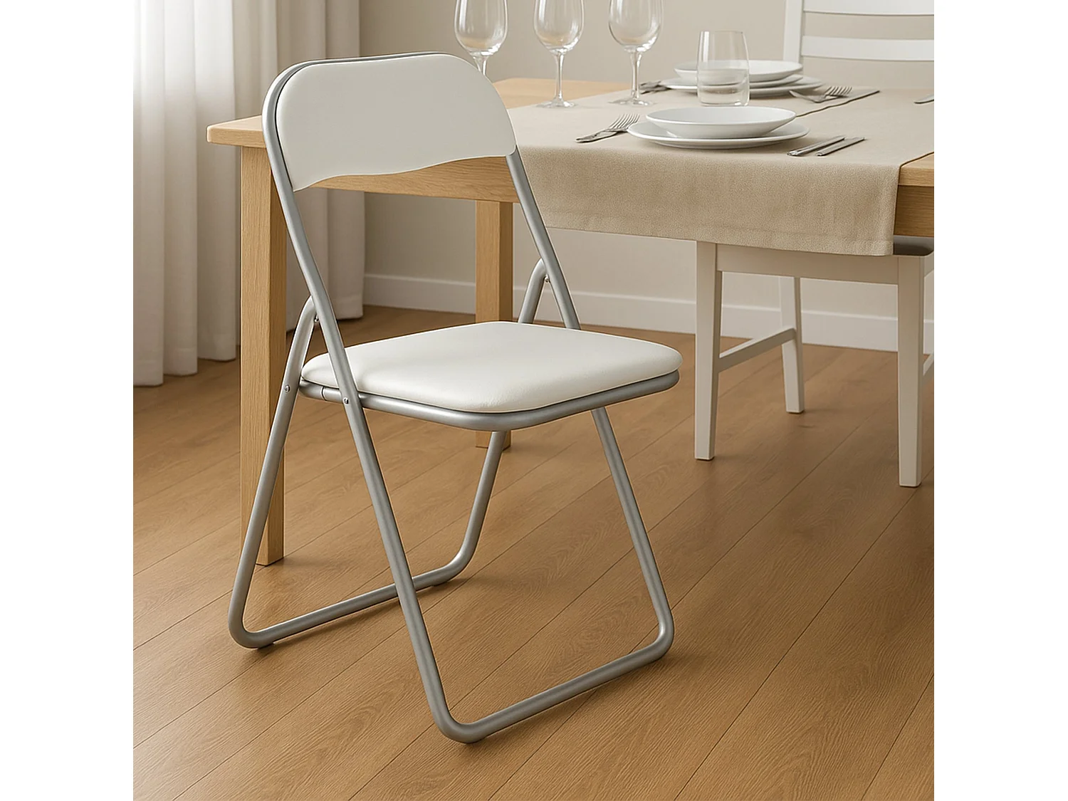 Chaise pliante Marbella, Chaise peu encombrante, Chaise invité, Siège de réunion en éco-cuir, 43x47h80 cm, Blanc