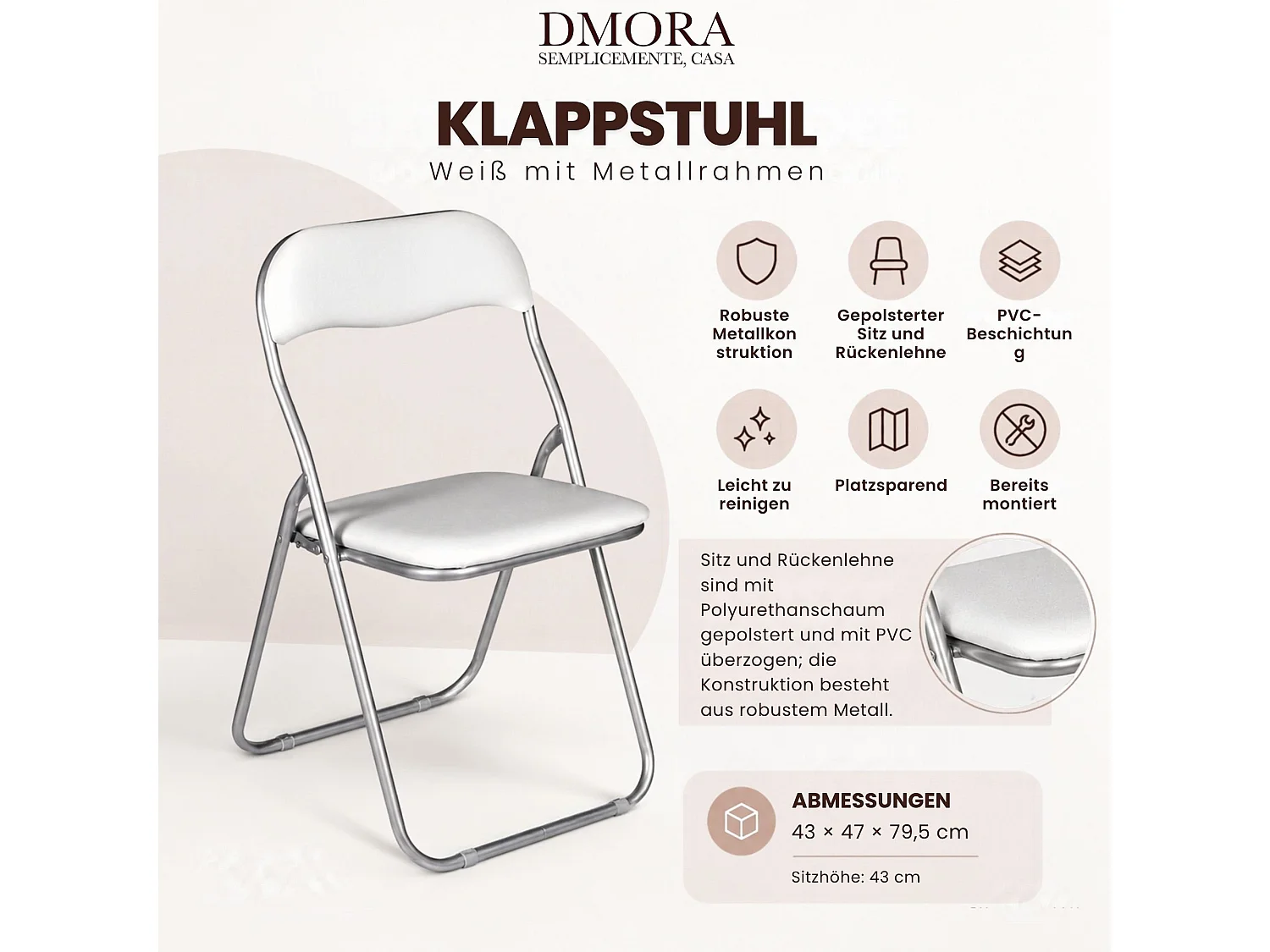 Chaise pliante Marbella, Chaise peu encombrante, Chaise invité, Siège de réunion en éco-cuir, 43x47h80 cm, Blanc