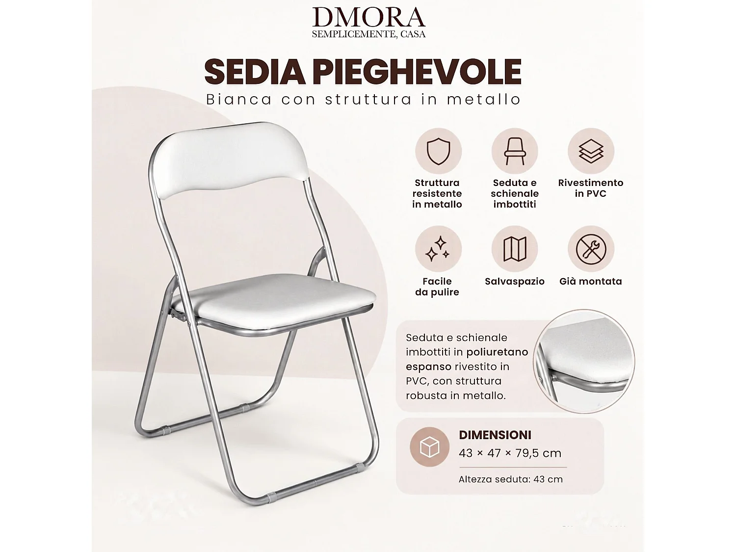 Chaise pliante Marbella, Chaise peu encombrante, Chaise invité, Siège de réunion en éco-cuir, 43x47h80 cm, Blanc