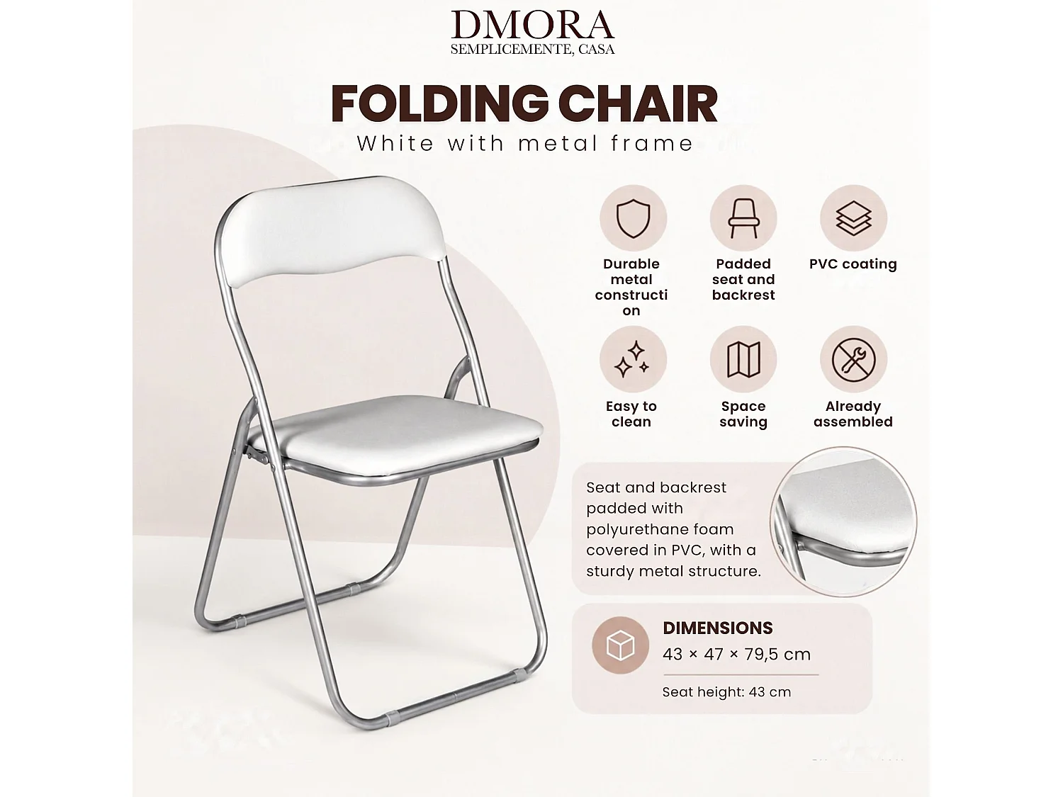 Chaise pliante Marbella, Chaise peu encombrante, Chaise invité, Siège de réunion en éco-cuir, 43x47h80 cm, Blanc