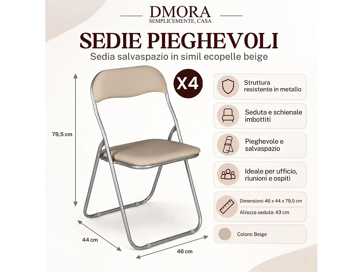 Lot de 4 chaises pliantes Marbella, Fauteuil gain de place, Chaise invité, Siège de réunion en simili cuir, 43x47h80 cm, Beige