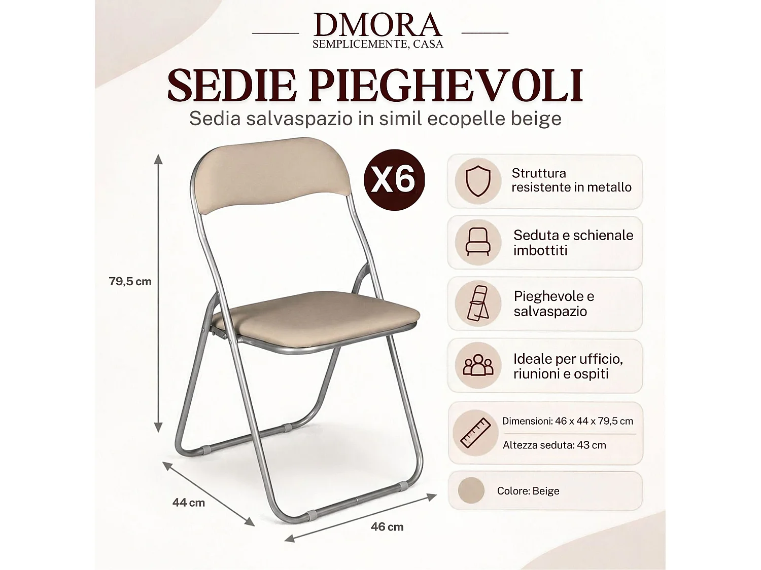 Lot de 6 chaises pliantes Marbella, Fauteuil gain de place, Chaise invité, Siège de réunion en simili cuir, 43x47h80 cm, Beige