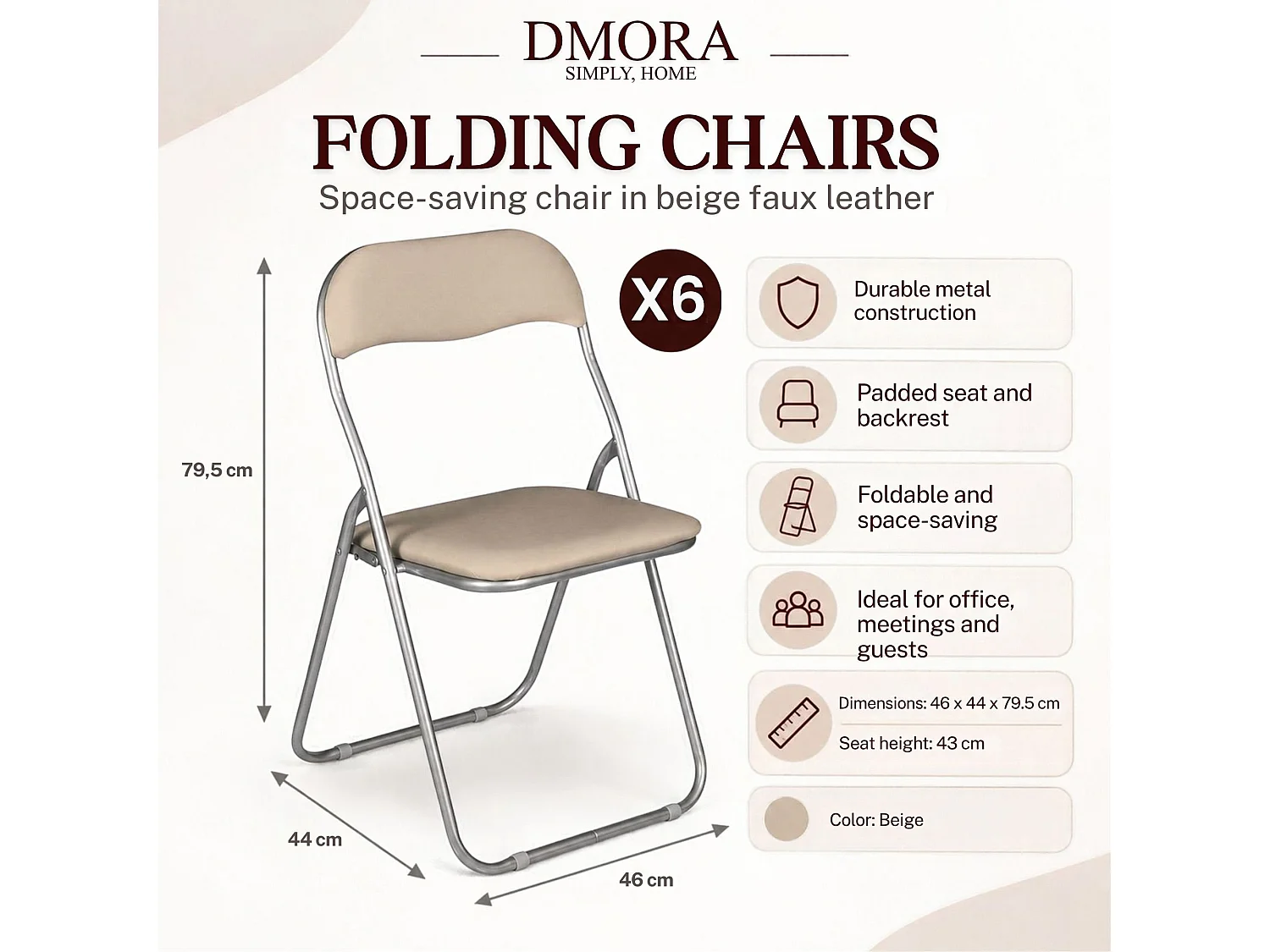 Lot de 6 chaises pliantes Marbella, Fauteuil gain de place, Chaise invité, Siège de réunion en simili cuir, 43x47h80 cm, Beige