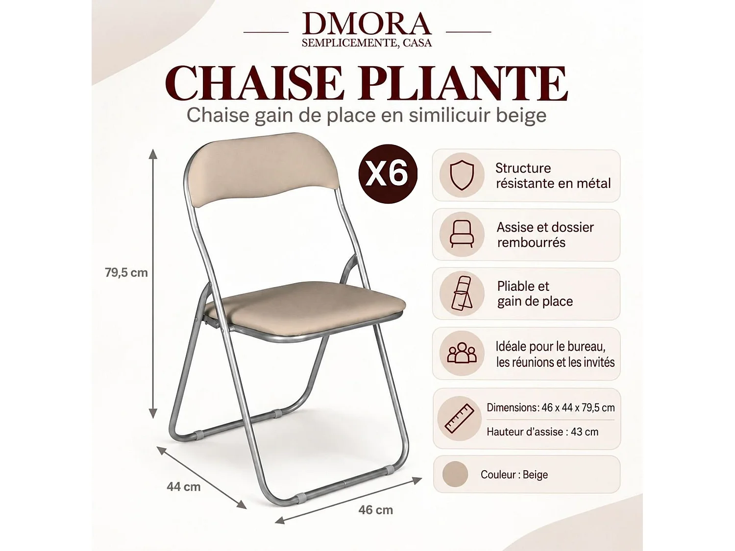 Lot de 6 chaises pliantes Marbella, Fauteuil gain de place, Chaise invité, Siège de réunion en simili cuir, 43x47h80 cm, Beige