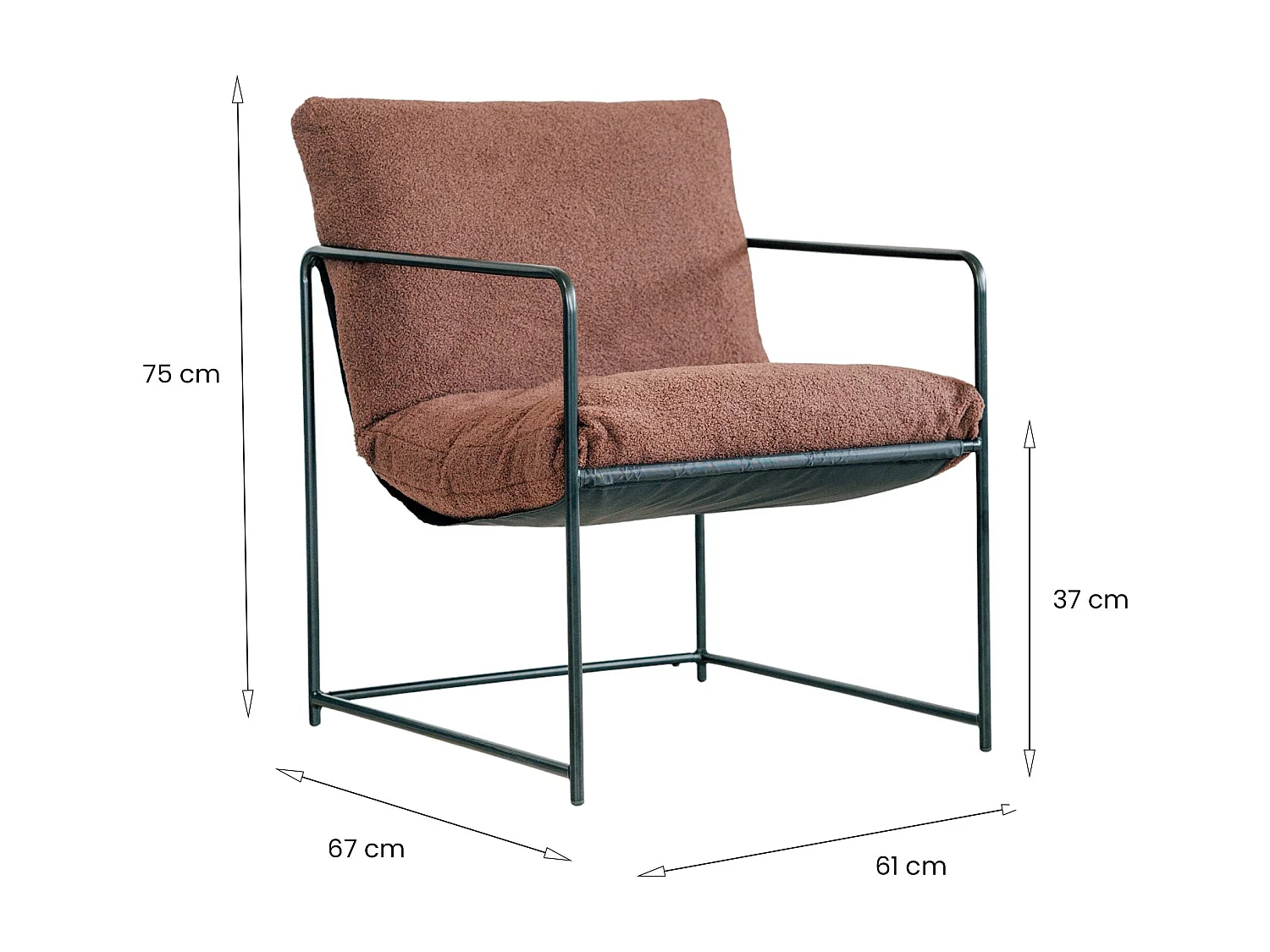 Sessel Dabdelat, Sessel mit Bouclé-Stoff bezogen, gepolsterter Stuhl, Sitz mit Metallarmlehnen, 61x67h75 cm, Braun