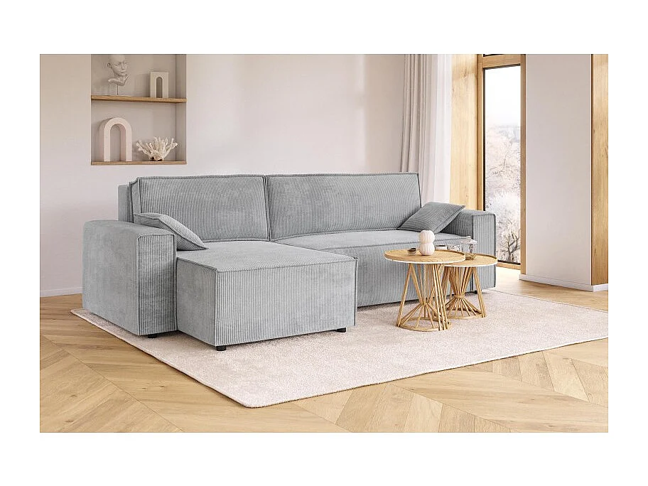 Canapé d'angle MARIUS convertible velours côtelé gris clair