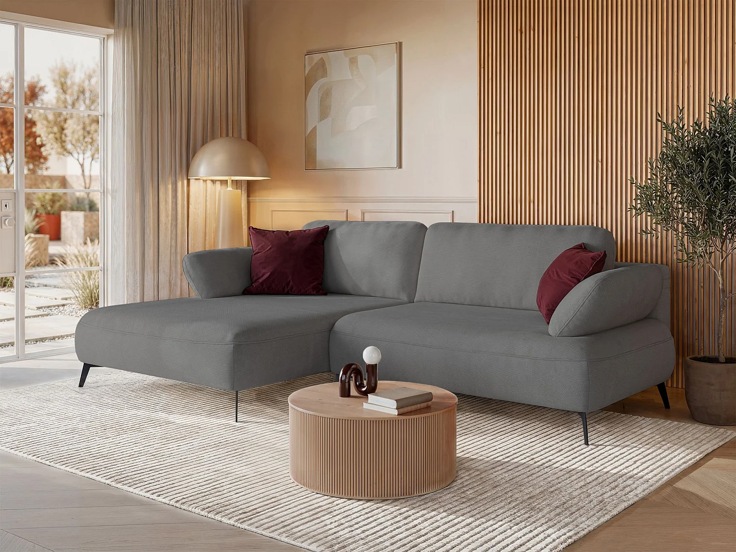 Canapé d’angle convertible – coffre de rangement – chenille hydrofuge – côté gauche – gris – AVOLLA