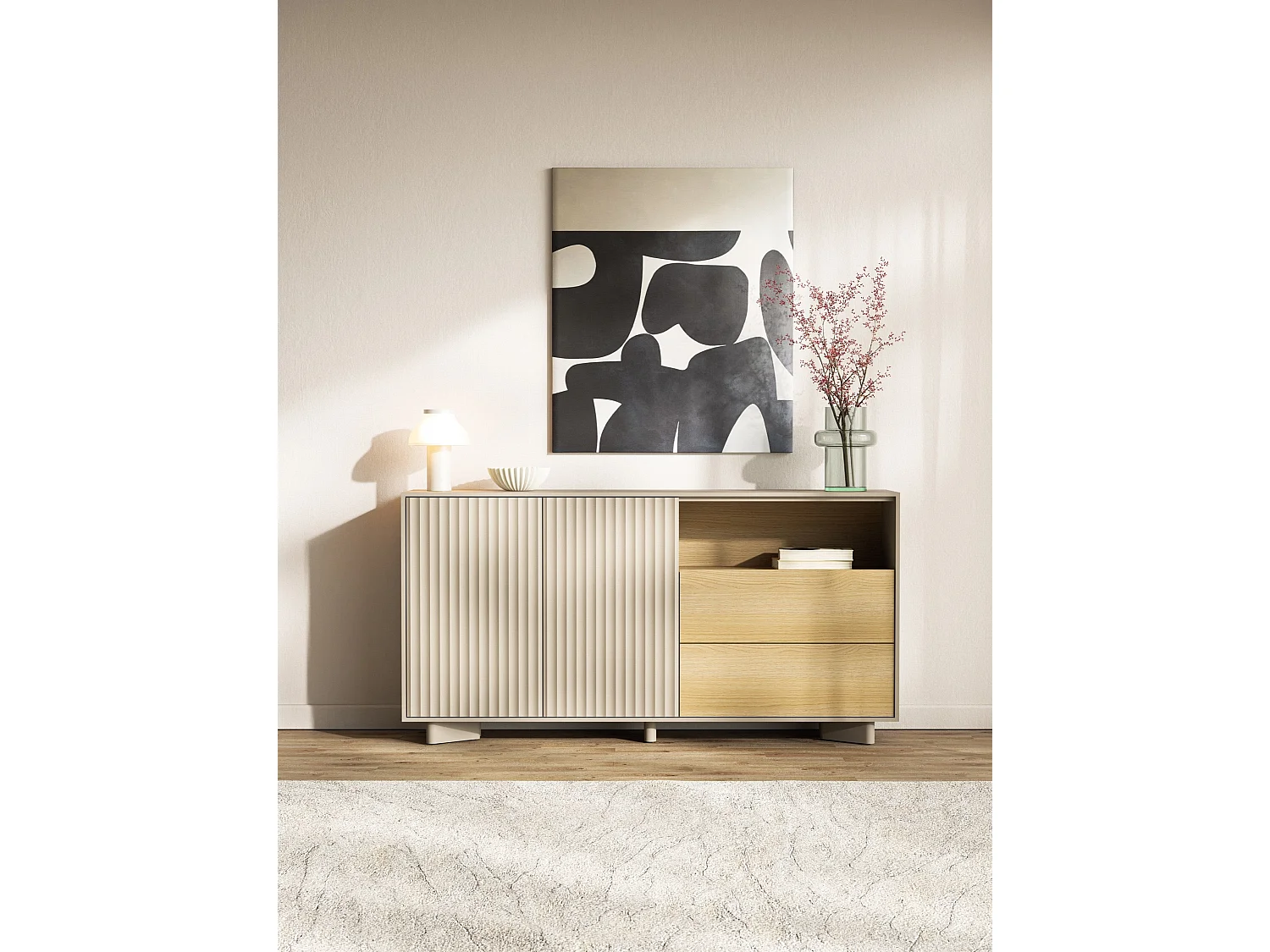 Buffet avec tiroirs et façade rainurée – 156 cm – gris cachemire aspect chêne – DISTRIA