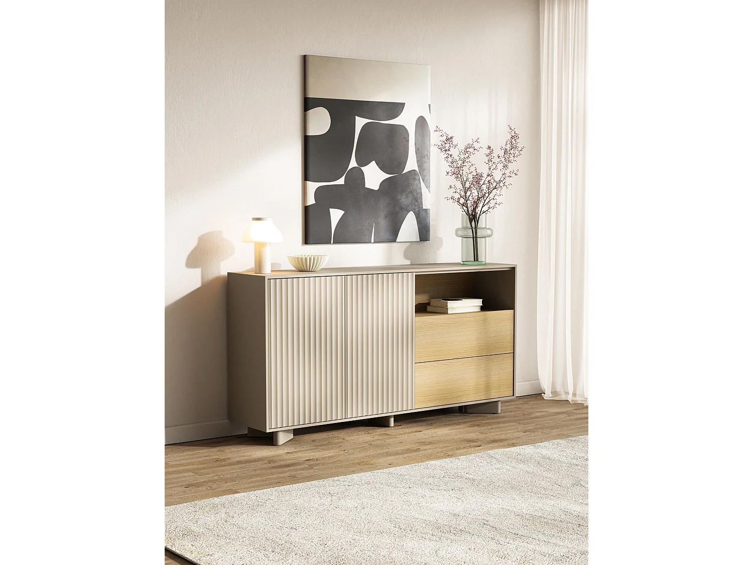 Buffet avec tiroirs et façade rainurée – 156 cm – gris cachemire aspect chêne – DISTRIA