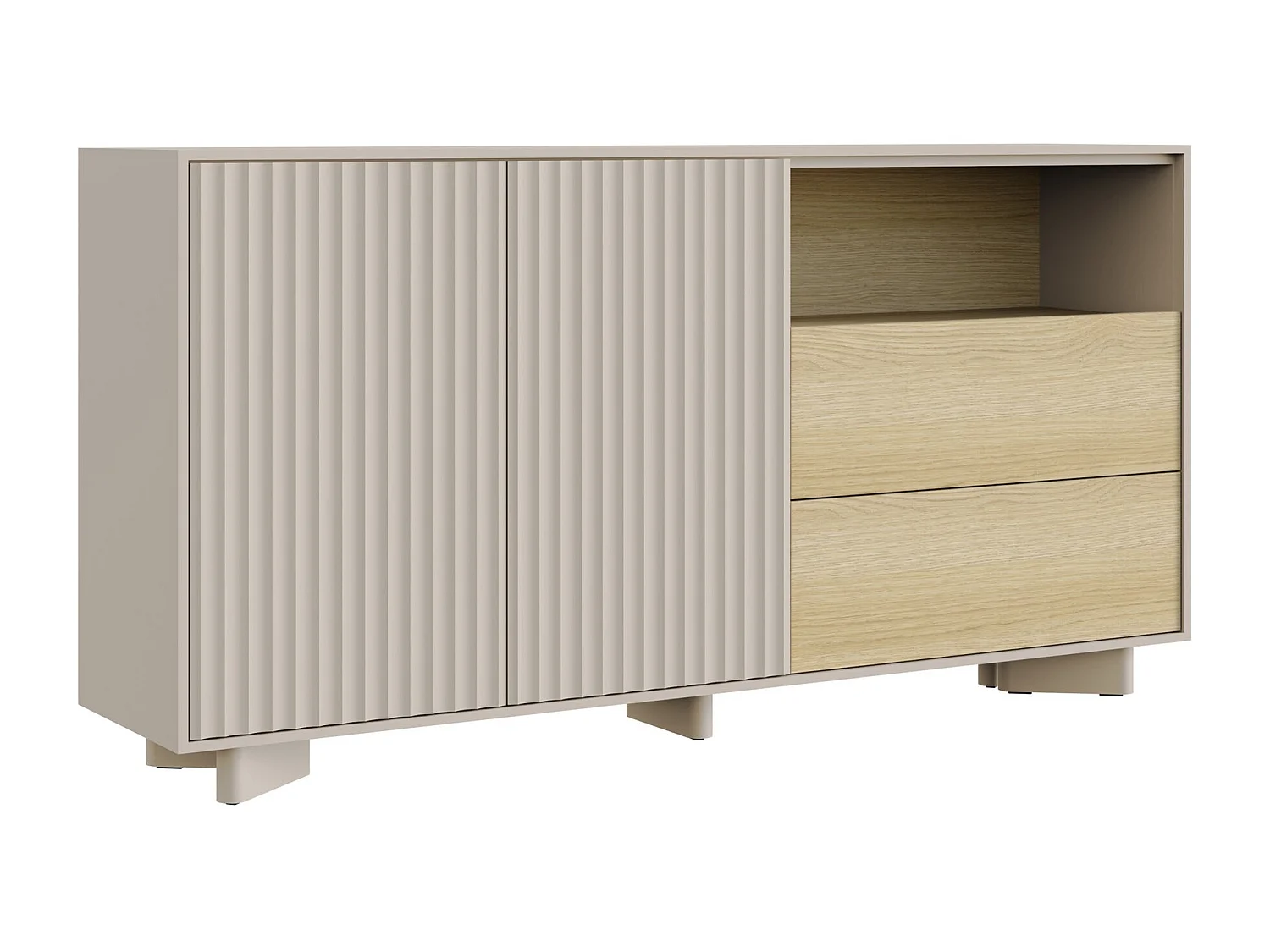 Buffet avec tiroirs et façade rainurée – 156 cm – gris cachemire aspect chêne – DISTRIA
